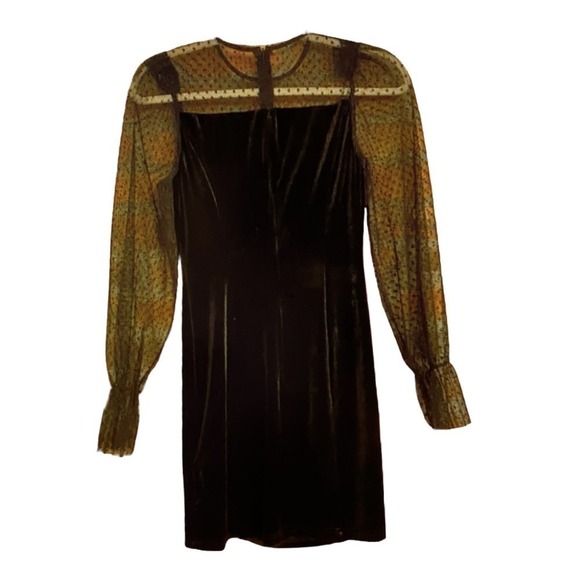 Mini Dress Velvet Sweetheart neckline mesh top and sleeves Black Size S or 4 - Picture 1 of 11